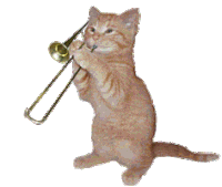 a cat playing a trombone on its hind legs against a white background