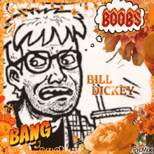 a black and white drawing of a man with a speech bubble that says boobs bang
