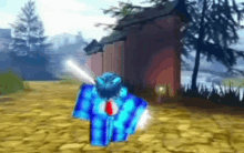 a blue robot with a red tie is standing in front of a building