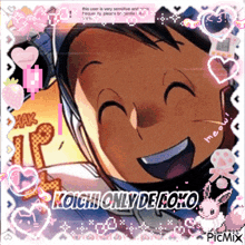 a picture of a smiling anime character with the words koichi only de koko on it