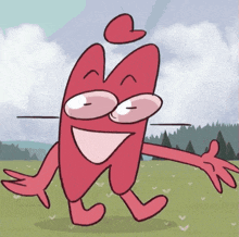 a cartoon character with a heart on its head is walking in a field