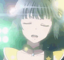 a close up of a anime girl with her eyes closed and a star necklace