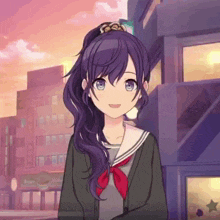 a girl with long purple hair and blue eyes is wearing a school uniform and a red bow tie .