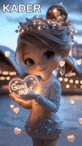 a little girl is holding a heart with the words `` good night '' written on it .