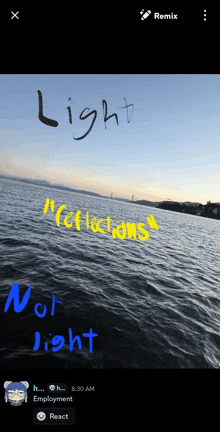 a photo of a body of water with the words light reflections and not light written on it