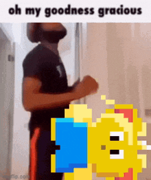 a man is running in a hallway with the words oh my goodness gracious above him