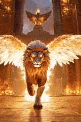 a lion with wings is running in front of a statue of an eagle