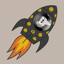 a black rocket with smiley faces on it is flying through the air