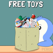 a cartoon of a penguin holding a bag full of toys with the words free toys above it