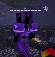 a purple minecraft character is holding a cross in a dark room