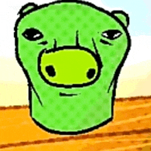 a cartoon drawing of a green pig with a yellow nose and ears .