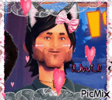 a picture of a man with cat ears and a pink bow on his head with picmix written on the bottom