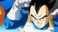 a close up of a cartoon character 's face with a blue shirt and white gloves