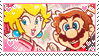 a cartoon of mario and peach holding hands on a pink background .