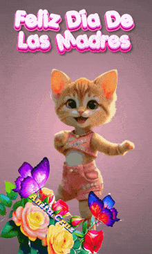 a picture of a cat with flowers and the words feliz dia de las madres above it