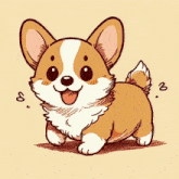 a cartoon drawing of a corgi dog holding a fireball in its mouth