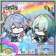 a couple of anime characters standing next to each other on a rainbow background .