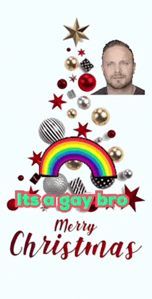 a christmas card with a rainbow and a man making a heart with his hands
