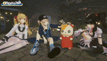 a group of anime girls sitting around a stuffed animal with a sign that says 3d