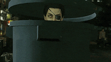 a man with an eye patch on his eye is sitting in a box