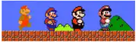 a row of mario characters standing next to each other on a blue background