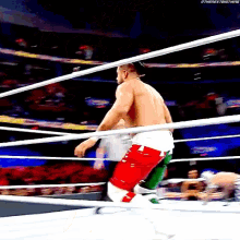 a wrestler in a red white and green outfit is jumping through the ropes of a wrestling ring