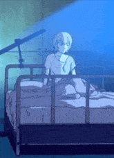 a cartoon character is laying in a hospital bed with a blue light behind her