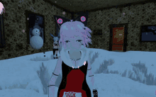 a girl with pink hair is wearing a red shirt that says " doork "