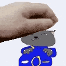 a hand is petting a cartoon character wearing a blue uniform