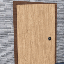 a wooden door is open to a room with a stuffed animal in a costume