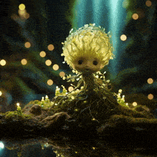 a doll with a glowing head is sitting on a mossy rock