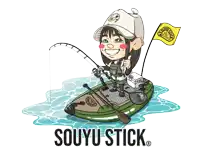 a cartoon of a woman fishing on a souyu stick
