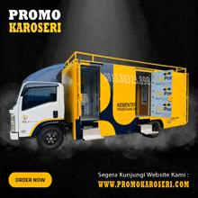 a yellow and blue truck with the words promo karoseri on the side