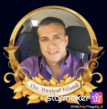 a picture of a man with the words the musical island starmaker on the bottom