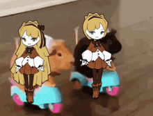 a drawing of two dolls standing next to each other on roller skates