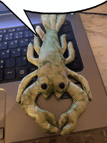 a stuffed lobster sits on top of a laptop with a speech bubble above it