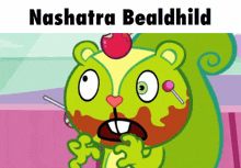 a cartoon of a squirrel with a cherry on its head and the name nashatra bealdhild below it
