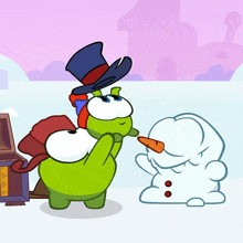 Putting The Hat On Snowman Om Nom GIF - Putting The Hat On Snowman Om Nom Nibble Nom GIFs