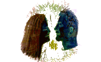 a drawing of a man and a woman face to face
