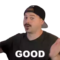 a man with a mustache wearing a hat and a black shirt with the word good on it