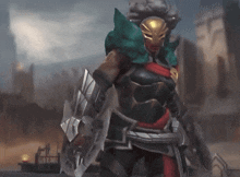 a video game character holding a shield and a gun