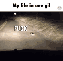a gif of a cat walking down a road with the words my life in one gif and fuck
