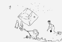 a black and white drawing of a group of people holding a large cube