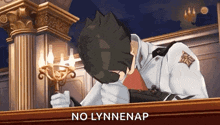 a man in a suit is sitting in a courtroom with his head in his hands .