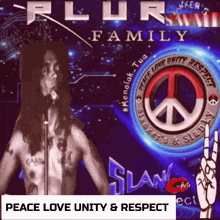 a man singing into a microphone with the words peace love unity & respect below him