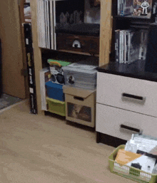 a shelf with a box that says ac/dc on top of it