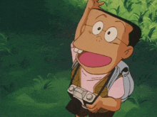 a cartoon character is holding a camera and raising his arm