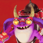 a purple monster with horns and goggles is standing in front of a red background