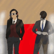 a man and a woman standing next to each other with one wearing sunglasses with x on them