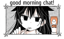 a girl brushing her teeth with the words good morning chat
